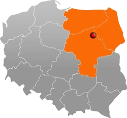 Mapa Polski z zaznaczonymi województwami: mazowieckim, podlaskim i warmińsko-mazurskim oraz siedzibą w Ostrołęce